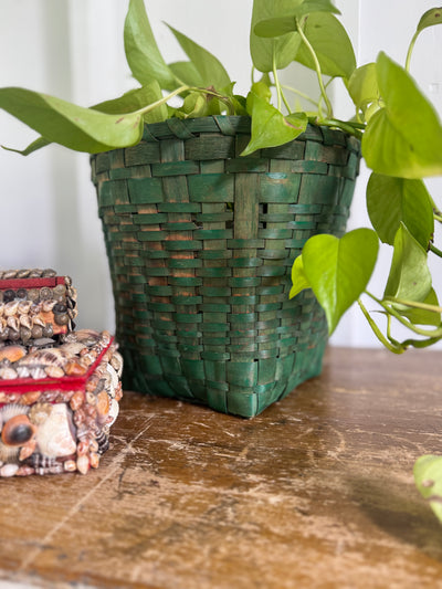 Vintage Green Wicker Wastebasket