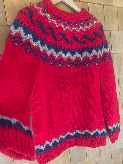 Vintage Hand Knit Wool Sweater - Red
