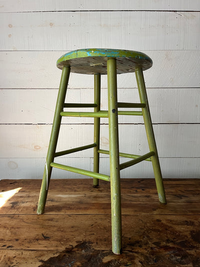 Vintage Wood Stool - Avocado Green