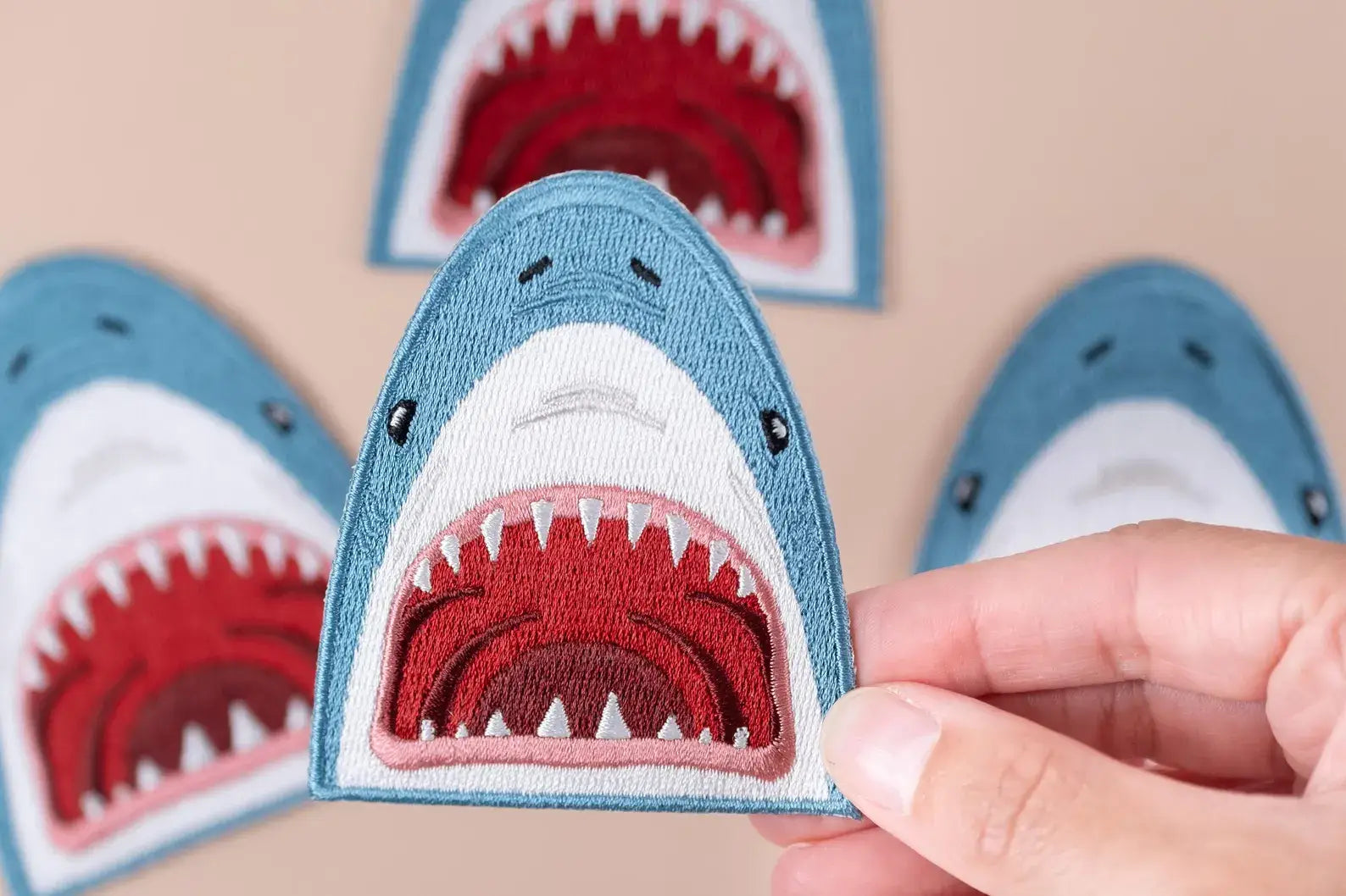 Shark Face Embroidered Iron-On Patch Teeth Ocean Beach Coast