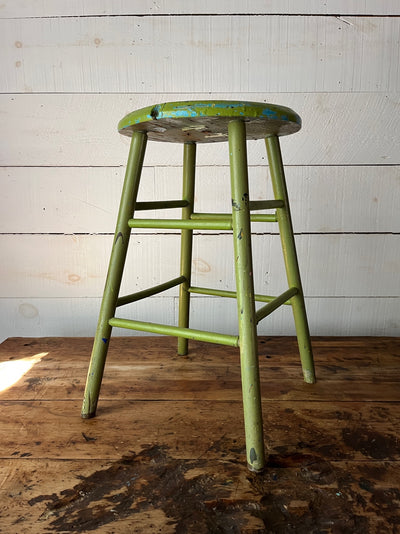 Vintage Wood Stool - Avocado Green