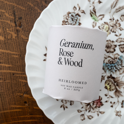 Heirloomed Candle - Geranium, Rose, Wood - 8 oz Soy Wax