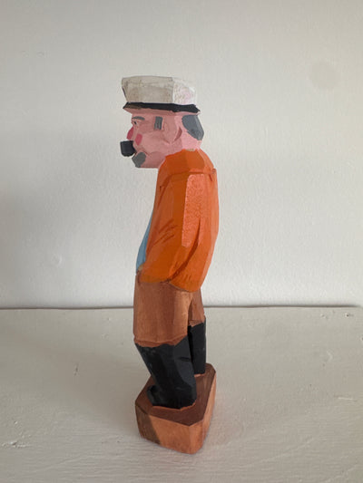 Vintage Handcarved Fisherman - Yellow + Blue