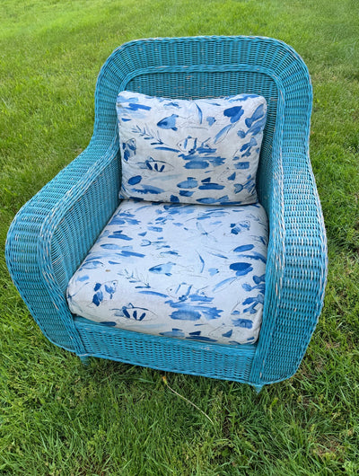 VTG Turquoise Wicker Chair with Fish Cushions