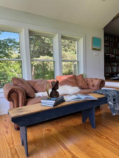 Vintage Navy Blue Wood Bench - 8’ long