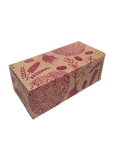 A box of natural dye kit with plant patterns in pink on a brown background.