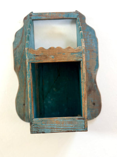 Antique Primitive Wood Wall Box - Blue - Diamonds & Rust