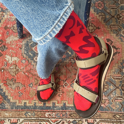 Crew Socks - Dashes and Moons Crew in Tomato & Maroon - Diamonds & Rust