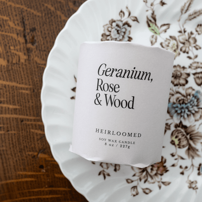 Heirloomed Candle - Geranium, Rose, Wood - 8 oz Soy Wax - Diamonds & Rust