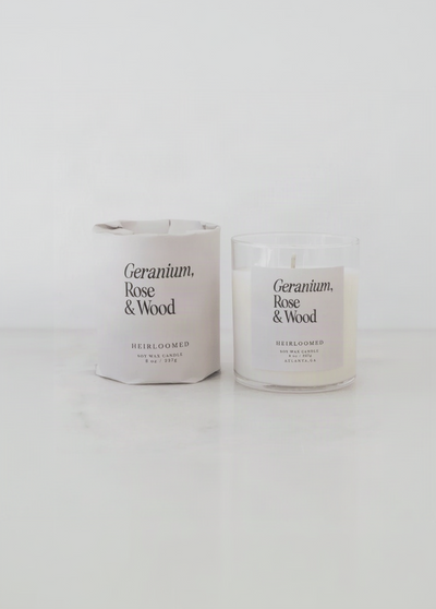Heirloomed Candle - Geranium, Rose, Wood - 8 oz Soy Wax - Diamonds & Rust