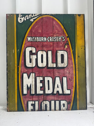 Salvaged Hand Painted Gold Metal Flour Sign - Diamonds & Rust