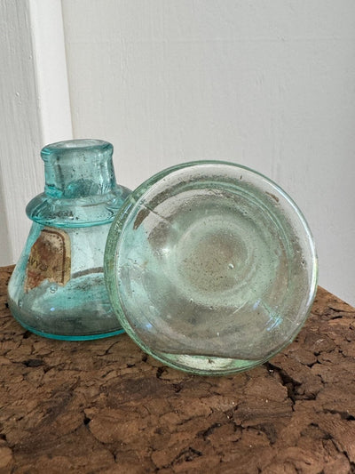 Vintage Blue Glass Ink Well / Tiny Vase - Pair - Diamonds & Rust