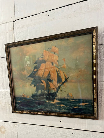 Vintage Clipper Ship Lithograph - Diamonds & Rust