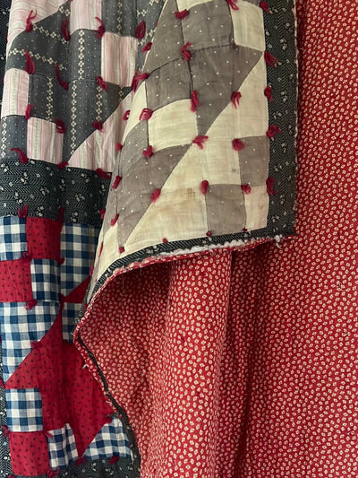 Vintage Handmade Quilt - Indigo + Red - Diamonds & Rust