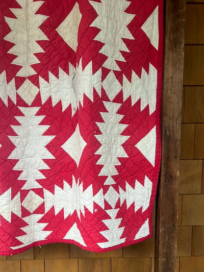 Vintage Handmade Quilt - Red + White - Diamonds & Rust