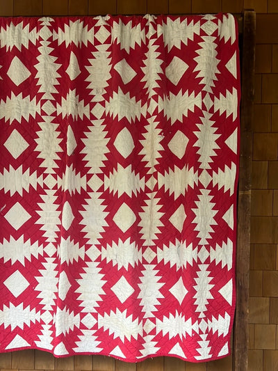 Vintage Handmade Quilt - Red + White - Diamonds & Rust