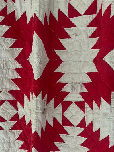 Vintage Handmade Quilt - Red + White - Diamonds & Rust