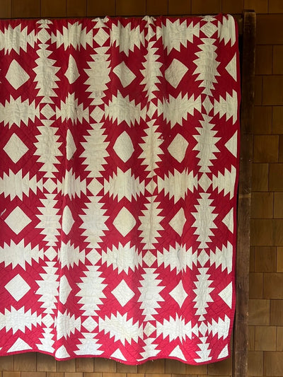 Vintage Handmade Quilt - Red + White - Diamonds & Rust