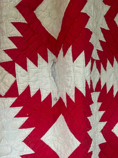 Vintage Handmade Quilt - Red + White - Diamonds & Rust