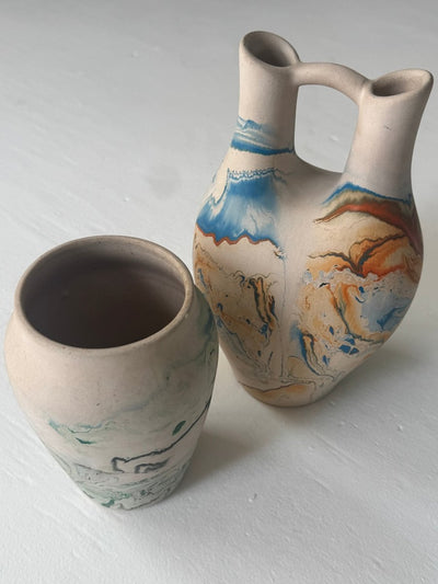 Vintage Nemadji Pottery - Blue + Orange - Diamonds & Rust