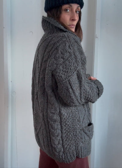 Vintage Wool Fishermen's Sweater Cardigan - Grey - Diamonds & Rust