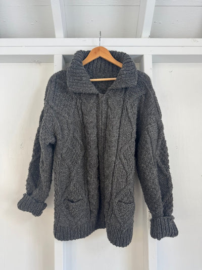 Vintage Wool Fishermen's Sweater Cardigan - Grey - Diamonds & Rust