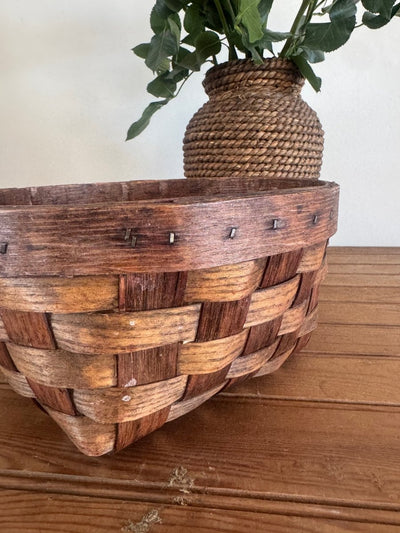 Vintage Woven Wood Slat Gathering Basket - Diamonds & Rust