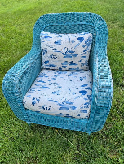 VTG Turquoise Wicker Chair with Fish Cushions - Diamonds & Rust
