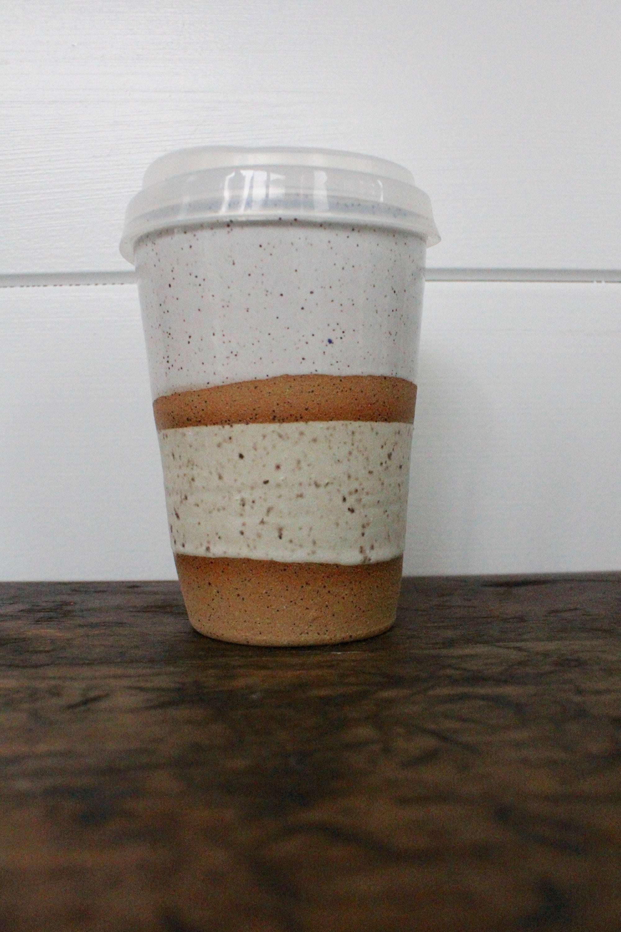 Carmiclay Ceramic To Go Mug: White & Sand - Diamonds & Rust
