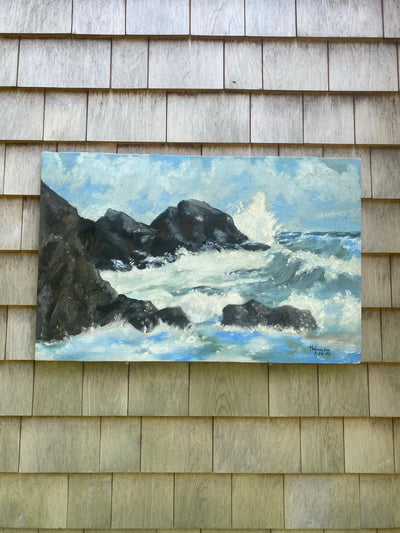 Vintage Waves on Rocky Coast Painting