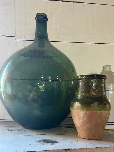 Vintage Glass Bottleneck Jug - Green - Diamonds & Rust