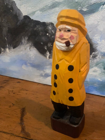 Vintage Wooden Fisherman - Yellow Coat - Diamonds & Rust