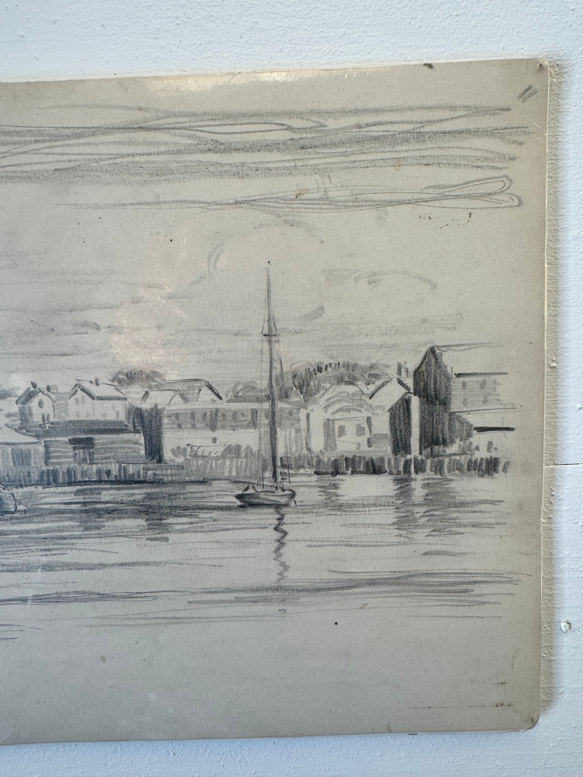Vintage Pencil Drawing of a Coastal Town
