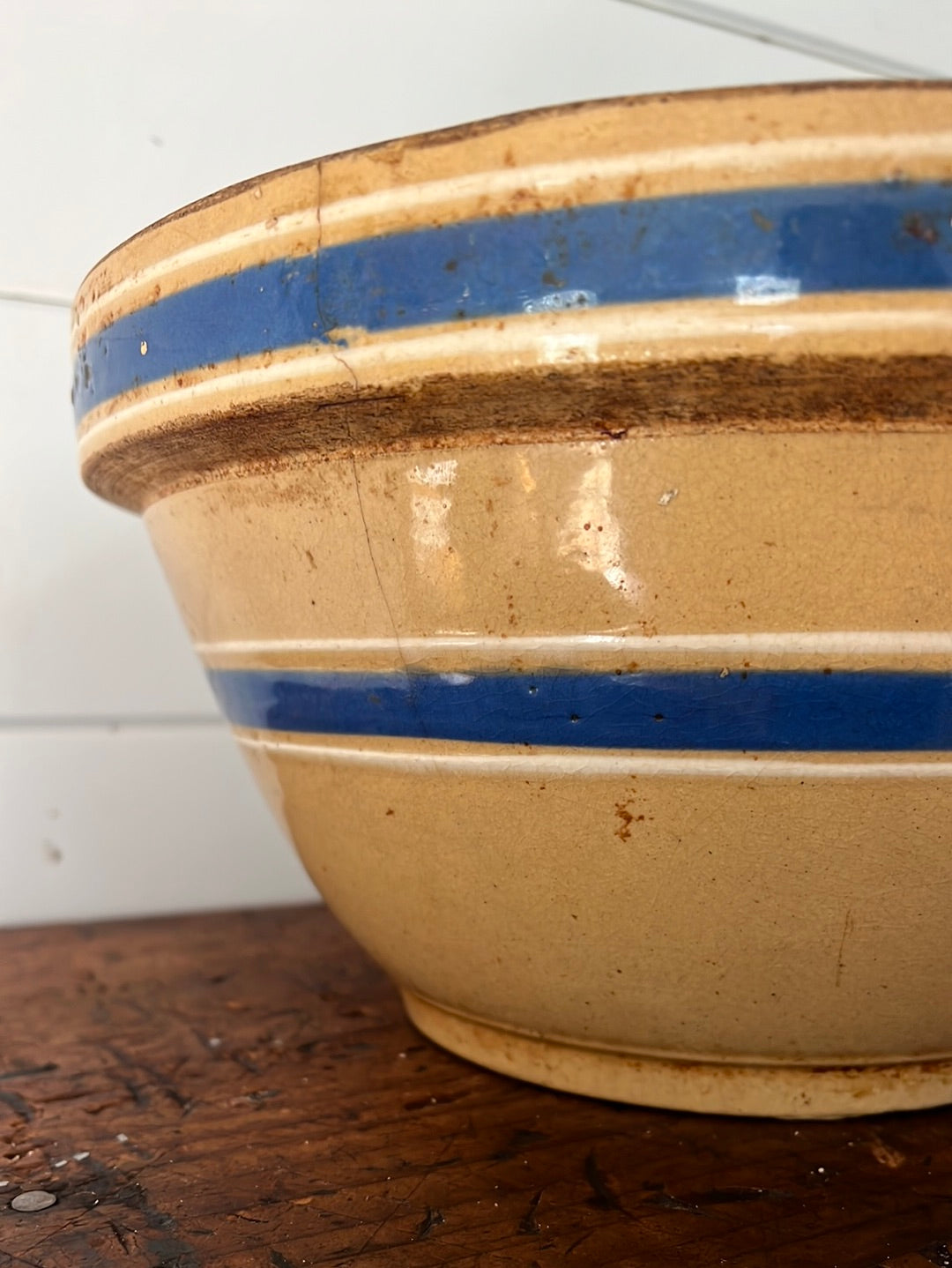 Vintage Yellow Ware Bowl - Blue Stripe