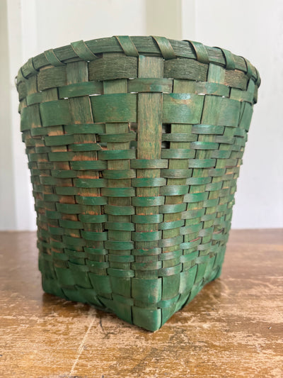Vintage Green Wicker Wastebasket