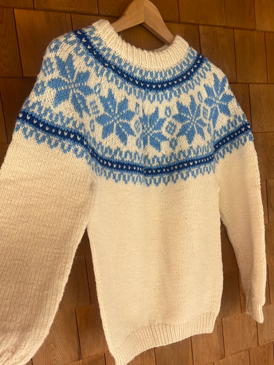 Vintage Hand Knit Wool Sweater - Ivory + Blue