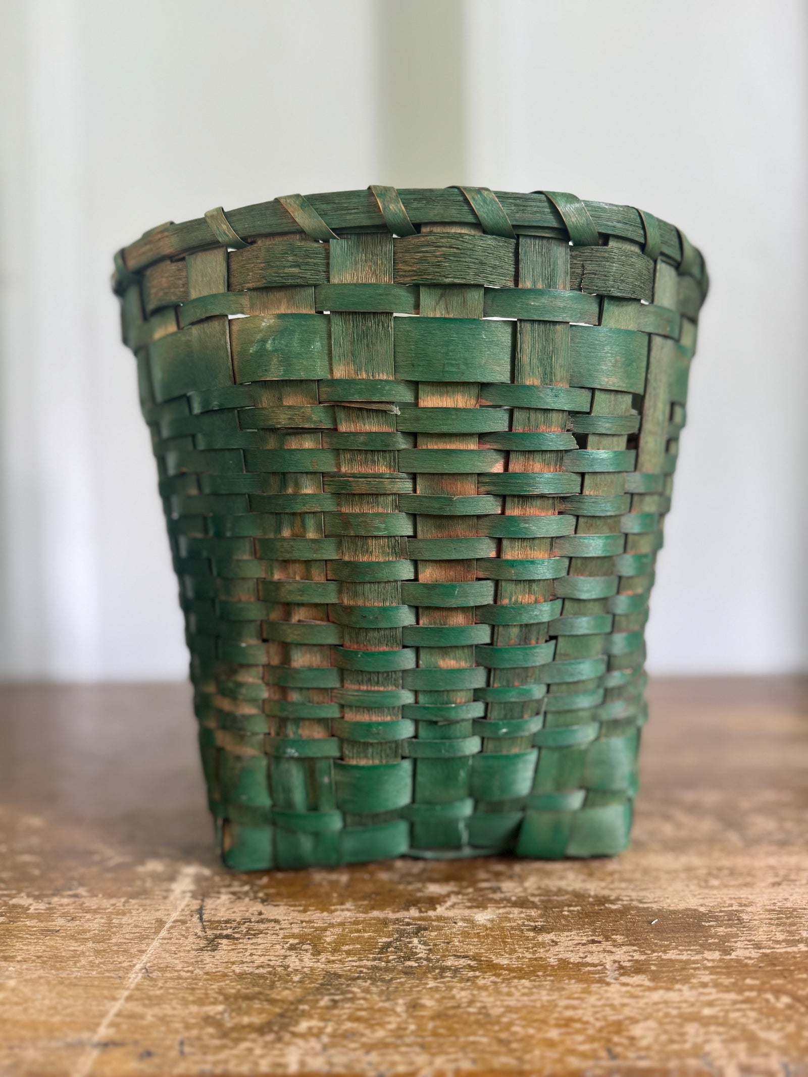 Vintage Green Wicker Wastebasket