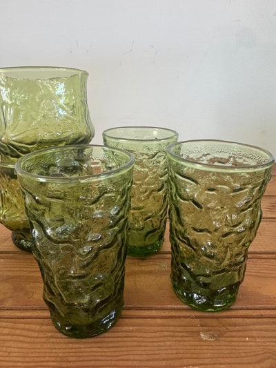 3 x MCM Olive Crinkle Glass Glasses - Diamonds & Rust