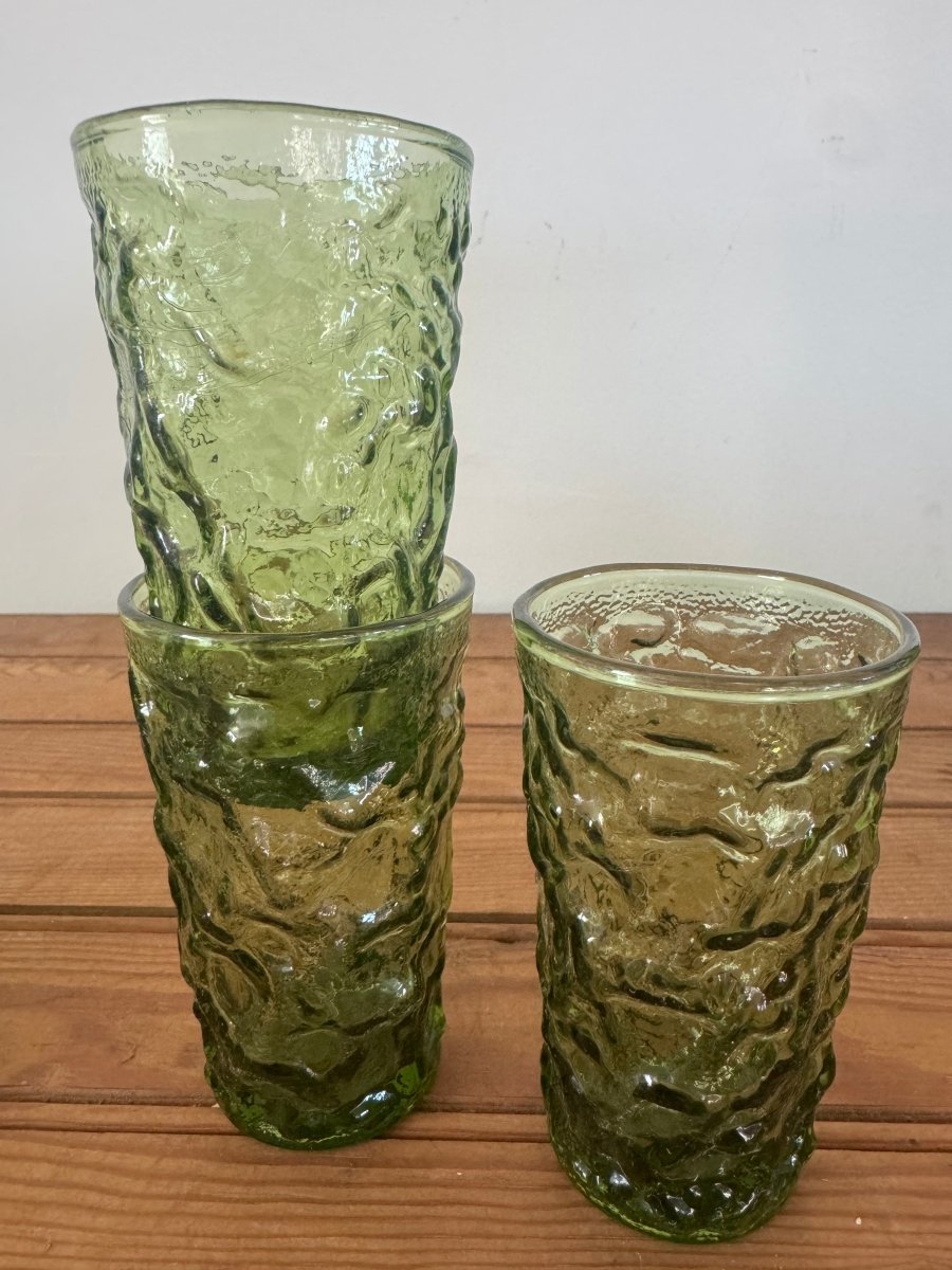 3 x MCM Olive Crinkle Glass Glasses - Diamonds & Rust
