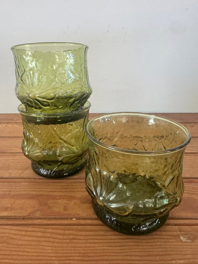 3 x MCM Olive Crinkle Glass Glasses - Diamonds & Rust