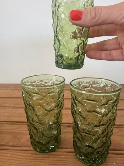 3 x MCM Olive Crinkle Glass Glasses - Diamonds & Rust