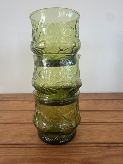 3 x MCM Olive Crinkle Glass Glasses - Diamonds & Rust