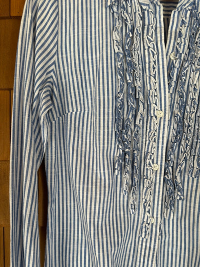 Vintage Pleated Front Cotton Shirt - Blue + White Stripes