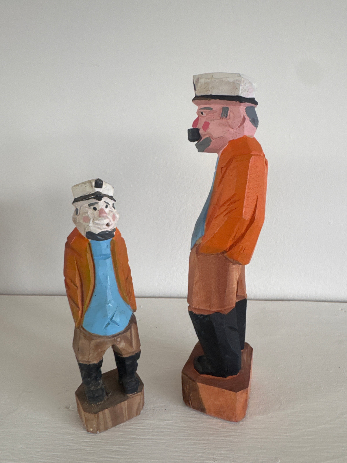 Vintage Handcarved Fisherman - Yellow + Blue