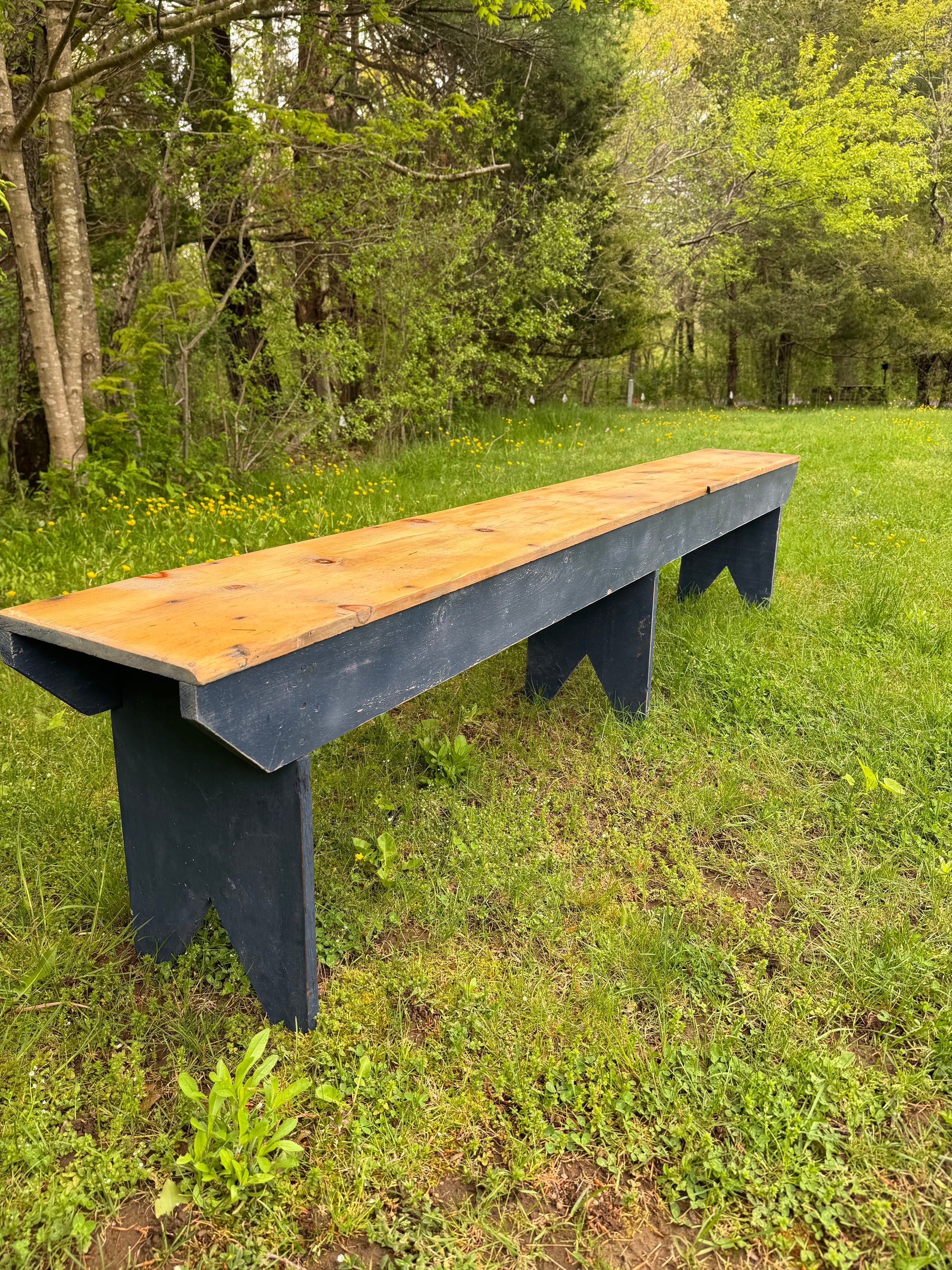 Vintage Navy Blue Wood Bench - 8’ long
