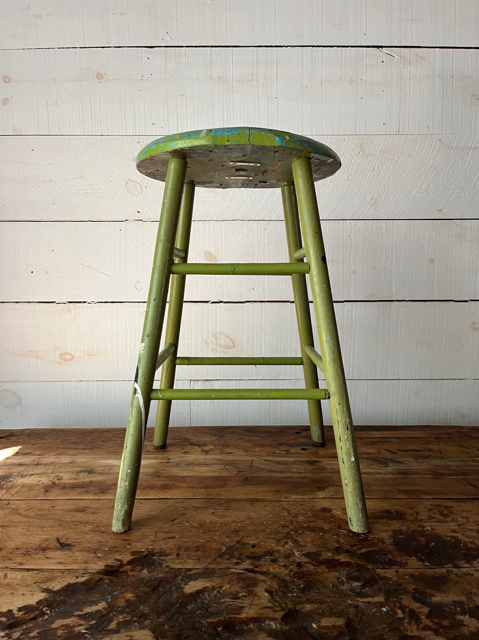 Vintage Wood Stool - Avocado Green