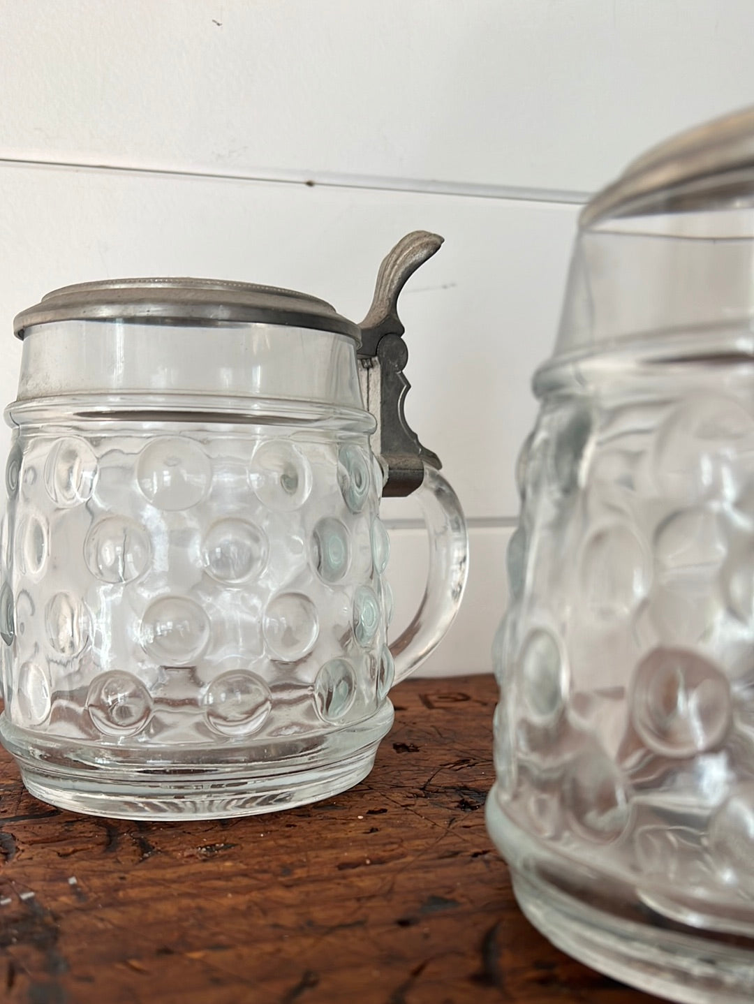 Vintage Bubble Glass Beer Stein Pewter Lid - Set of Three