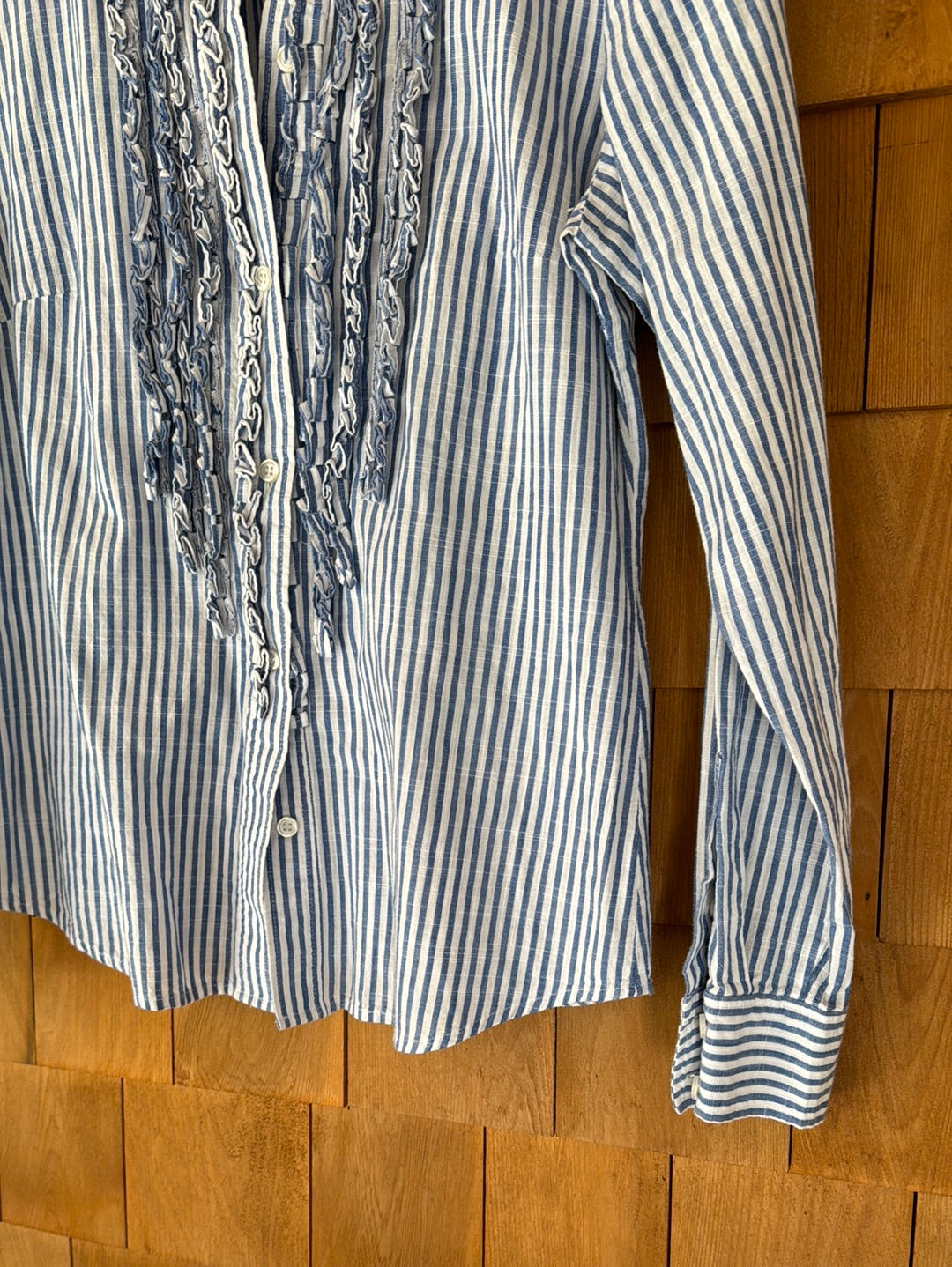 Vintage Pleated Front Cotton Shirt - Blue + White Stripes