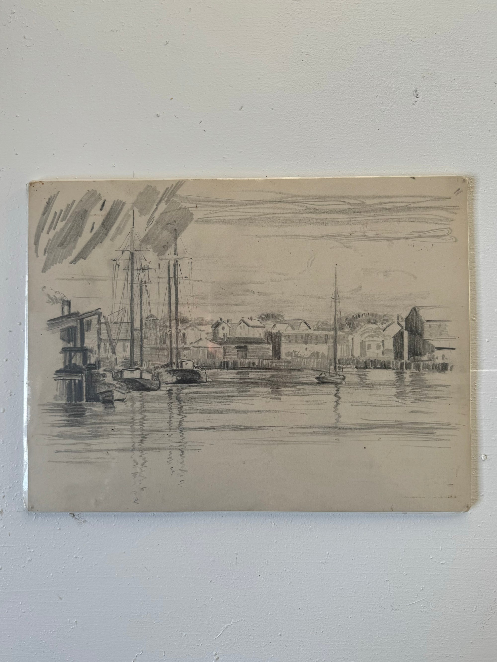 Vintage Pencil Drawing of a Coastal Town