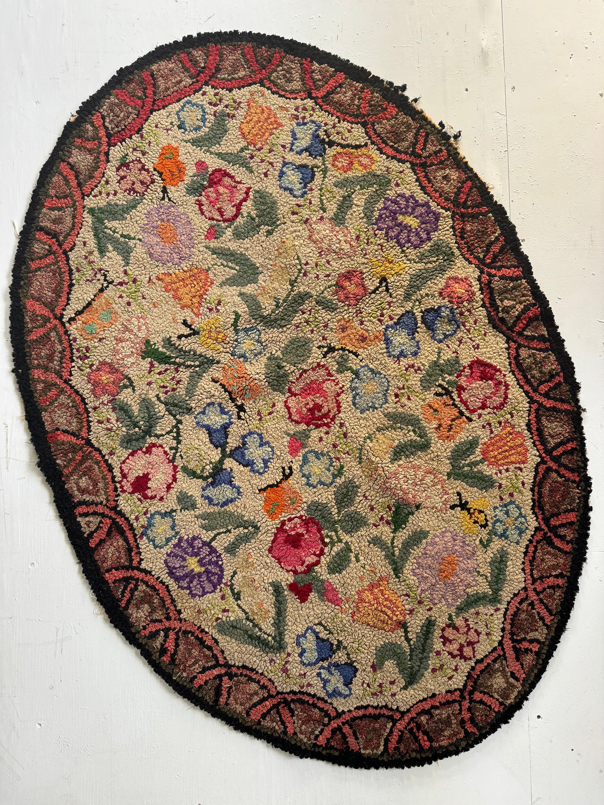 Vintage Worn In Hooked Rug - Floral Motif